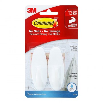 3M Command Damage-Free Hanging Bathroom Hook w/Water Resistant Strips Medium 2’S 1.3kg