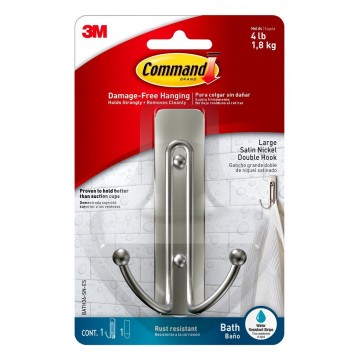 3M Command Damage-Free Hanging Bath Satin Nickel Rust Resistant Double Wire Hook w/Water Resistant Strips Large 1.8kg