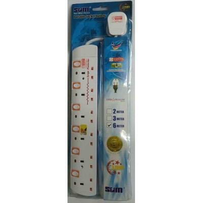 SUM 6-Way Portable Extension Socket Cable 6.0m with Neon and Surge Protector