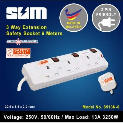 SUM 3-Way Portable Extension Socket Cable 6.0m with Neon and Surge Protector