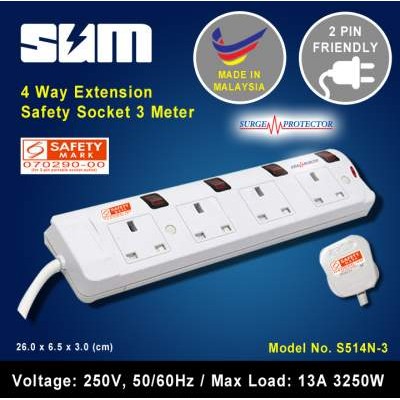 SUM 4-Way Portable Extension Socket Cable 3.0m with Neon and Surge Protector
