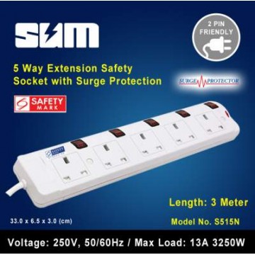 SUM 5-Way Portable Extension Socket Cable 3.0m with Neon and Surge Protector