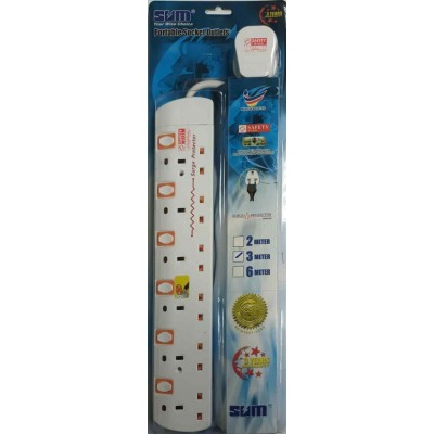 SUM 6-Way Portable Extension Socket Cable 3.0m with Neon and Surge Protector