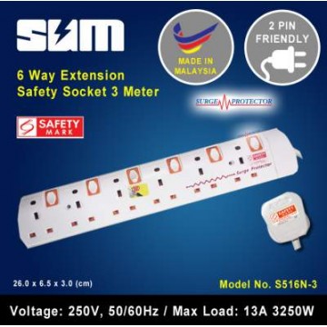 SUM 6-Way Portable Extension Socket Cable 3.0m with Neon and Surge Protector