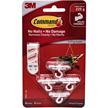 3M Command 17803-4PK Damage-Free Hanging Ceiling Hook 4’S 225g