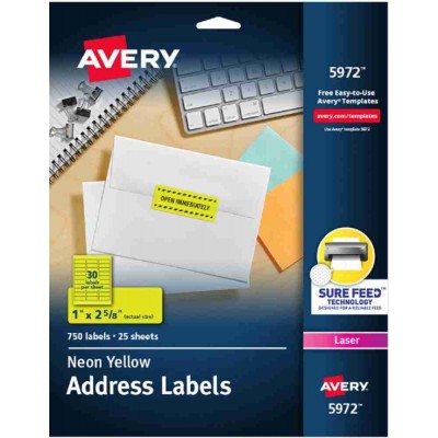 Avery Neon Yellow High-Visibility Labels 750'S (1X2-5/8")