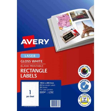 Avery Glossy White Photo Quality Permanent Labels 25'S (199.6 x 289.1mm)