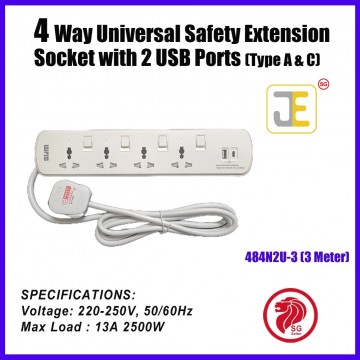 4-Way Universal Extension Socket Cable 3.0m with 2 USB