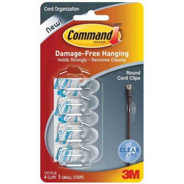 3M Command Damage-Free Hanging Clear Round Cord Clips 4'S