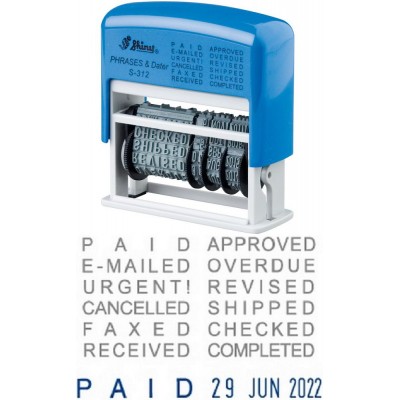 Shiny S-312 Self-Inking Phrase & Date Stamp (Blue/Red Ink)